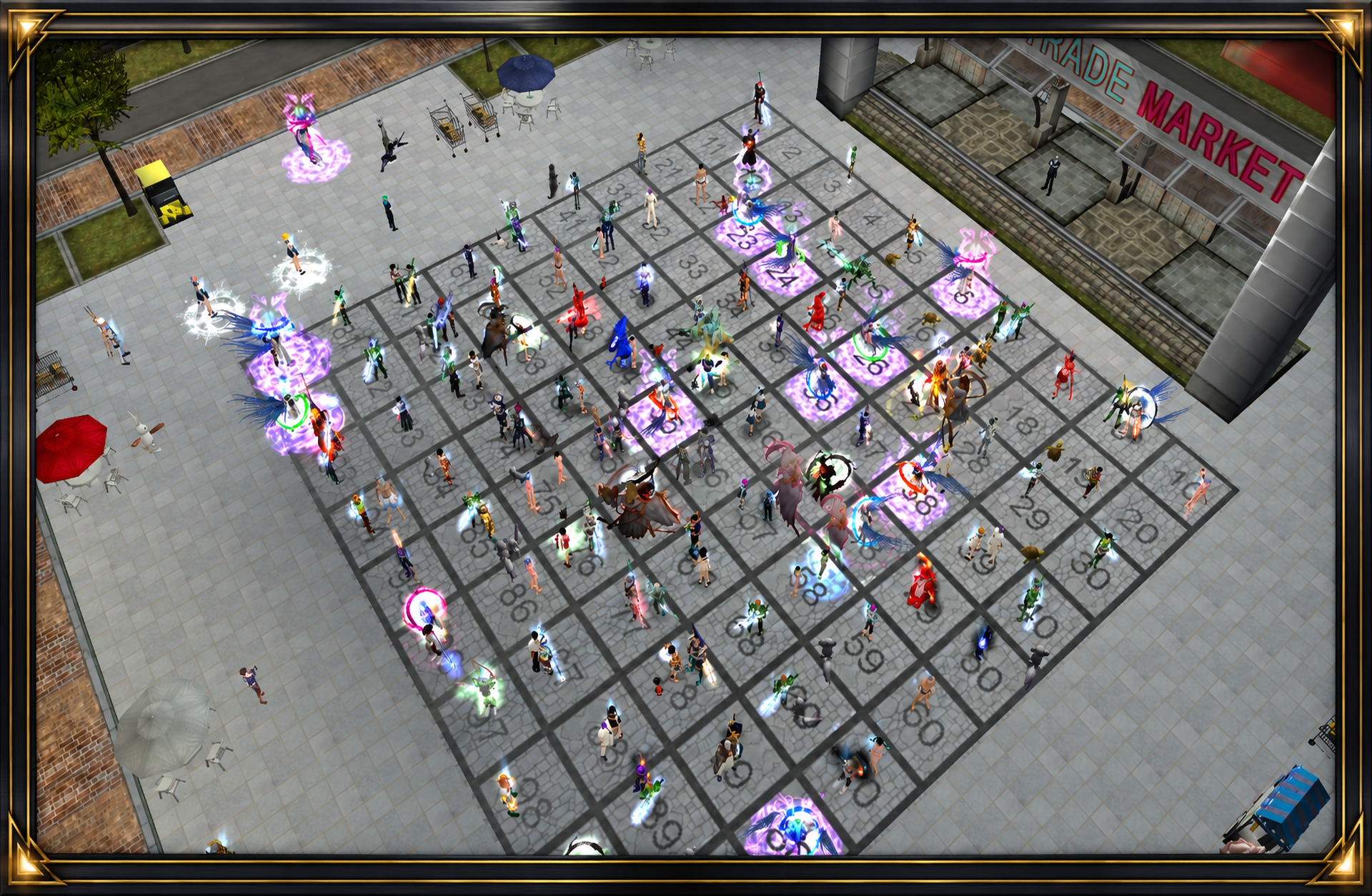 ภาพกิจกรรมในเกมที่ลานตลาด มีตารางช่องหมายเลขและผู้เล่นจำนวนมาก ด้านหลังเป็นป้าย TRADE MARKET
